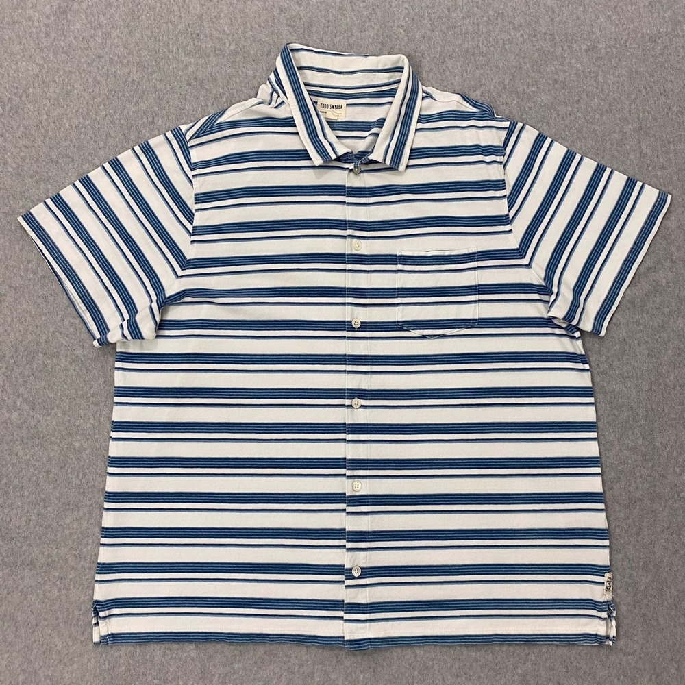 Todd Snyder Shirt Mens XXL White Blue Striped Cotton Short Sleeve Button Up